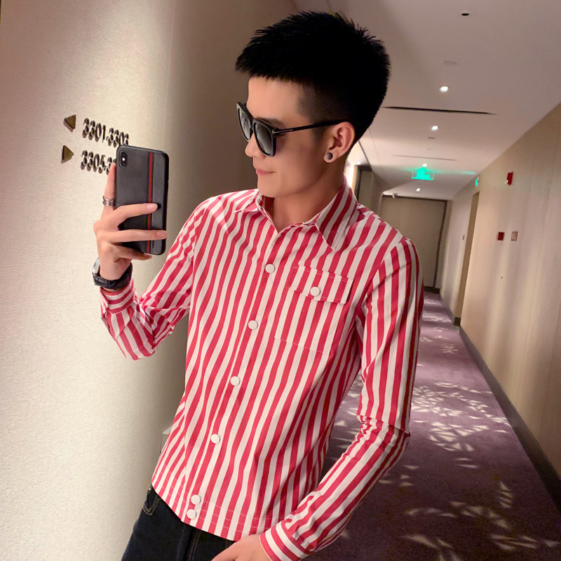 社会小伙新款修身男士夹克韩版条纹印花外套衬衫C203-1003P75控99，男装夹克，电商C208