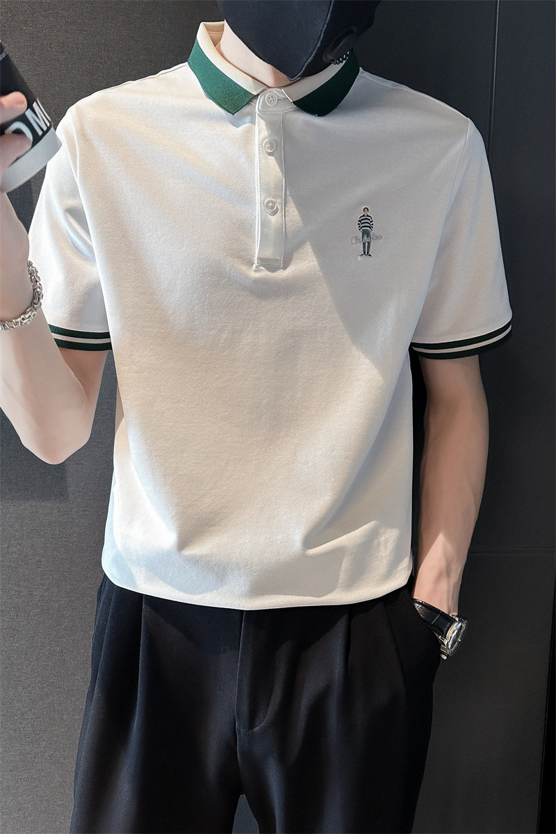 社会小伙夏季翻领polo衫潮牌刺绣体恤短袖条纹T恤男C203-8864-P58,男装T恤,电商C208