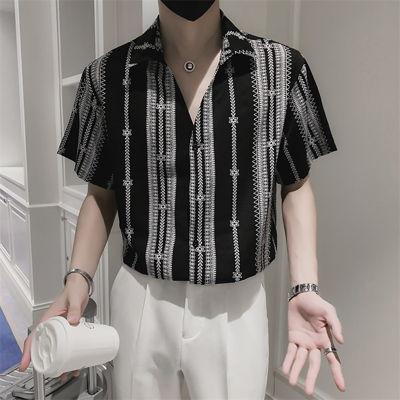 2026夏季男士短袖花衬衣精神小伙时尚潮流半袖上衣C203-8810-P58,男装T恤,电商C208