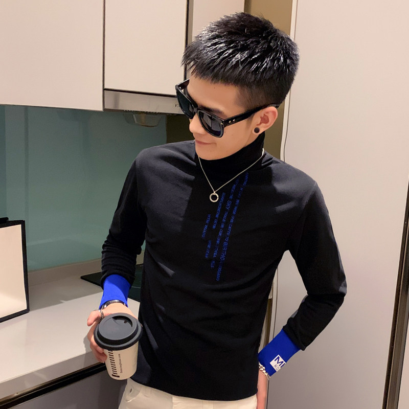 秋冬季男士高领打底衫时尚刺绣潮流长袖T恤男C203-3005图片