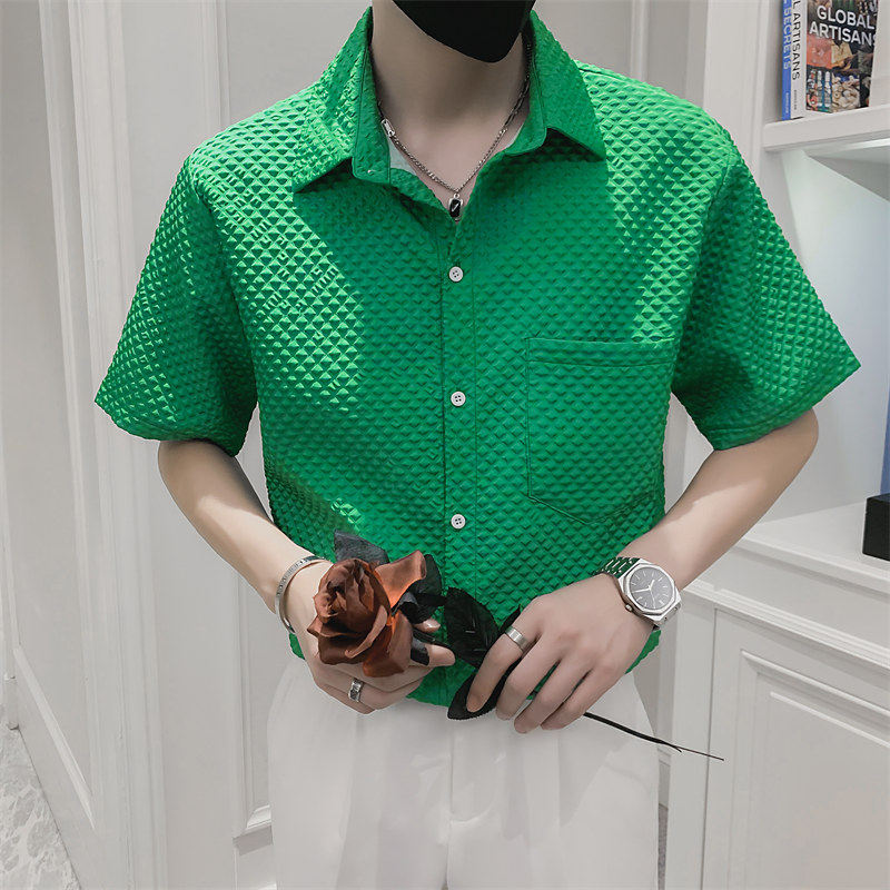 精神小伙短袖休闲尖领衬衫时尚格子夏季男士纯色上衣C203-8817P58,男装T恤,电商C208