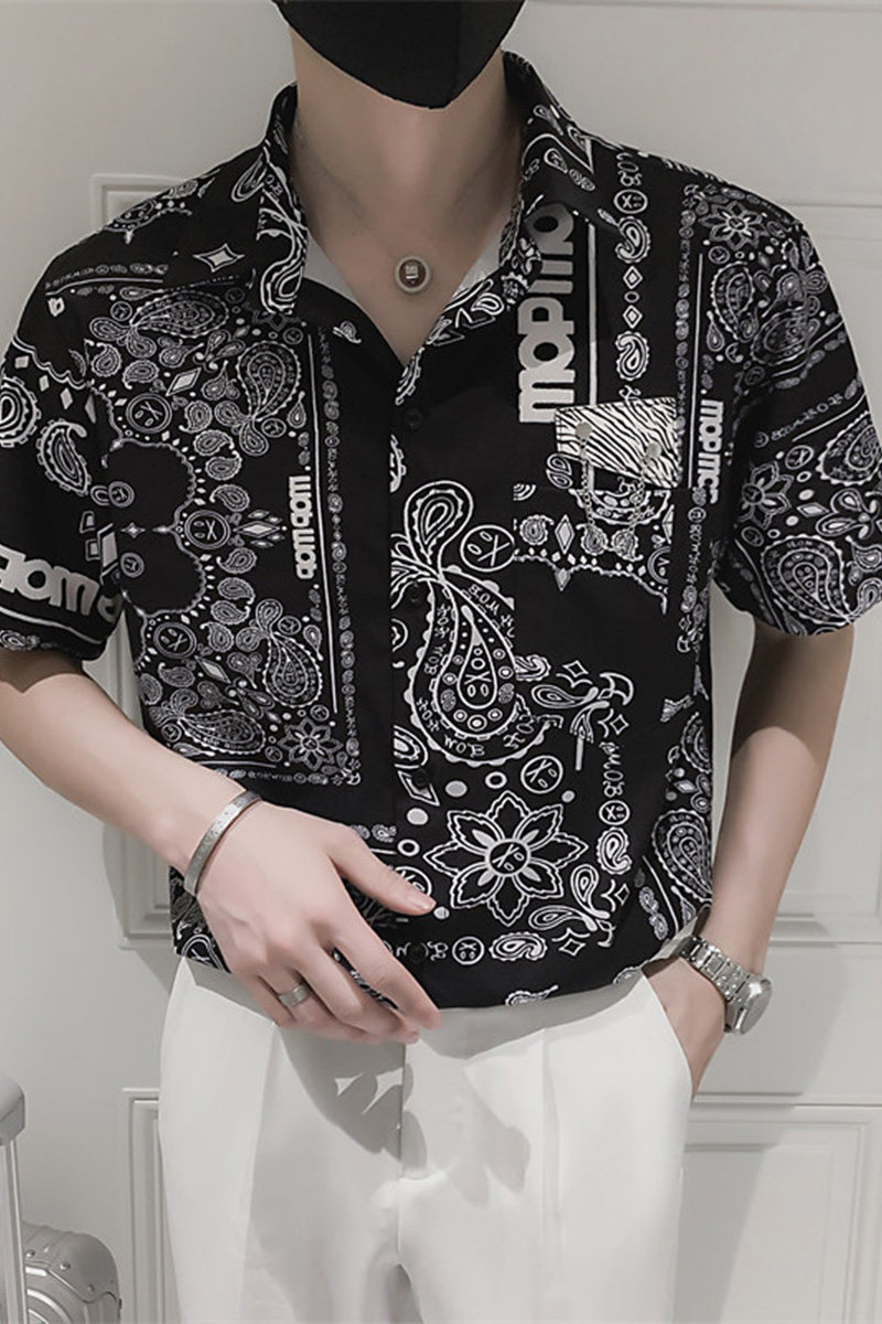 社会小伙夏季青年男士短袖衬衣夜店发型师帅气花衬衫C203-8811P58,男装T恤,电商C208