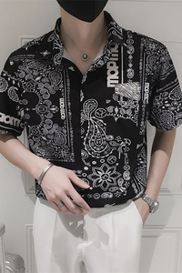 社会小伙夏季青年男士短袖衬衣夜店发型师帅气花衬衫C203-8811P58图片
