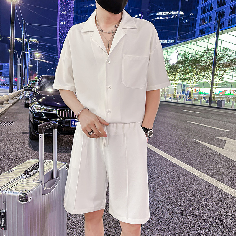 社会小伙夏季纯色休闲套装男士衬衫短裤两件套C208-8874-P88控138，男装牛仔裤，电商C208