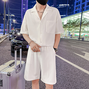 社会小伙夏季纯色休闲套装男士衬衫短裤两件套C208-8874-P88控138，男装牛仔裤，电商C208