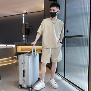 社会小伙夏季男士短袖短裤两件套纯色休闲套装男C208-8882-P88图片