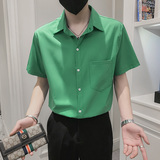 社会小伙夏季薄款纯色尖领衬衫青年流行男士绿色短袖上衣8821-P58，男装T恤，电商C208