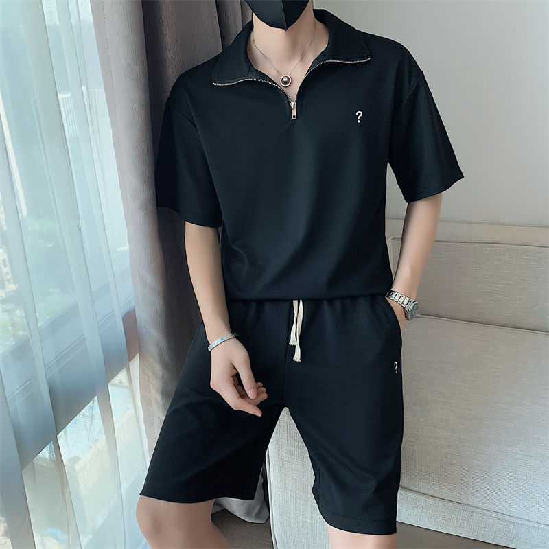 社会小伙夏季男生短袖短裤纯色套装时尚休闲翻领T恤C203-6695-P88,男装牛仔裤,电商C208