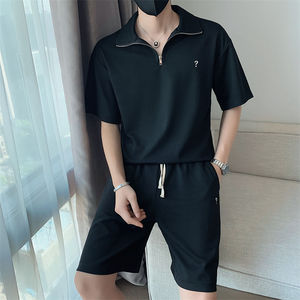社会小伙夏季男生短袖短裤纯色套装时尚休闲翻领T恤C203-6695-P88图片