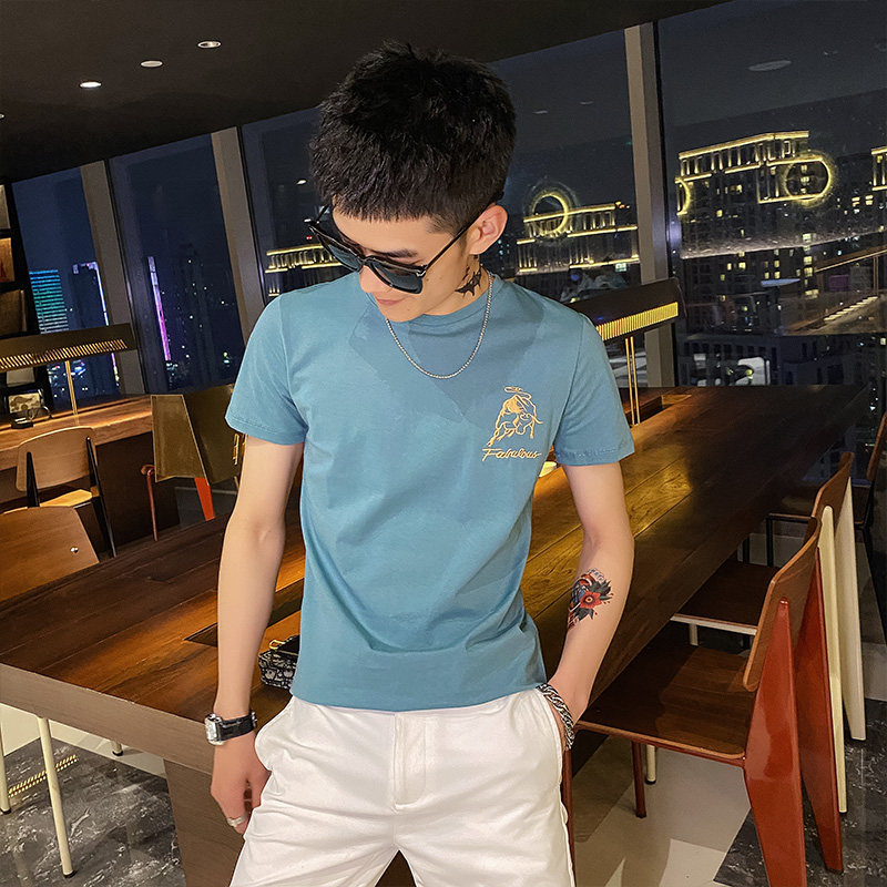 精神小伙夏季男士潮牌圆领短袖T恤衫刺绣修身打底衫C203-5233-P38图片