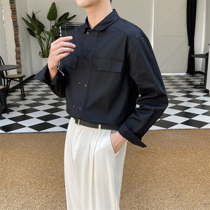 秋季新款男士纯色工装衬衫轻奢风黑色潮牌休闲上衣男C203-1069，男装衬衫，电商C208