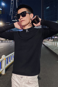2021青少年新款男士针织衫半高领纯色刺绣打底衫C203-5075P45控68图片