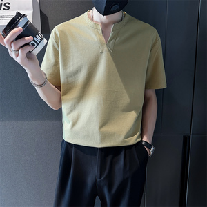 精神小伙夏季男士短袖体恤纯色V领潮流半袖t恤男C203-8872-特P48图片
