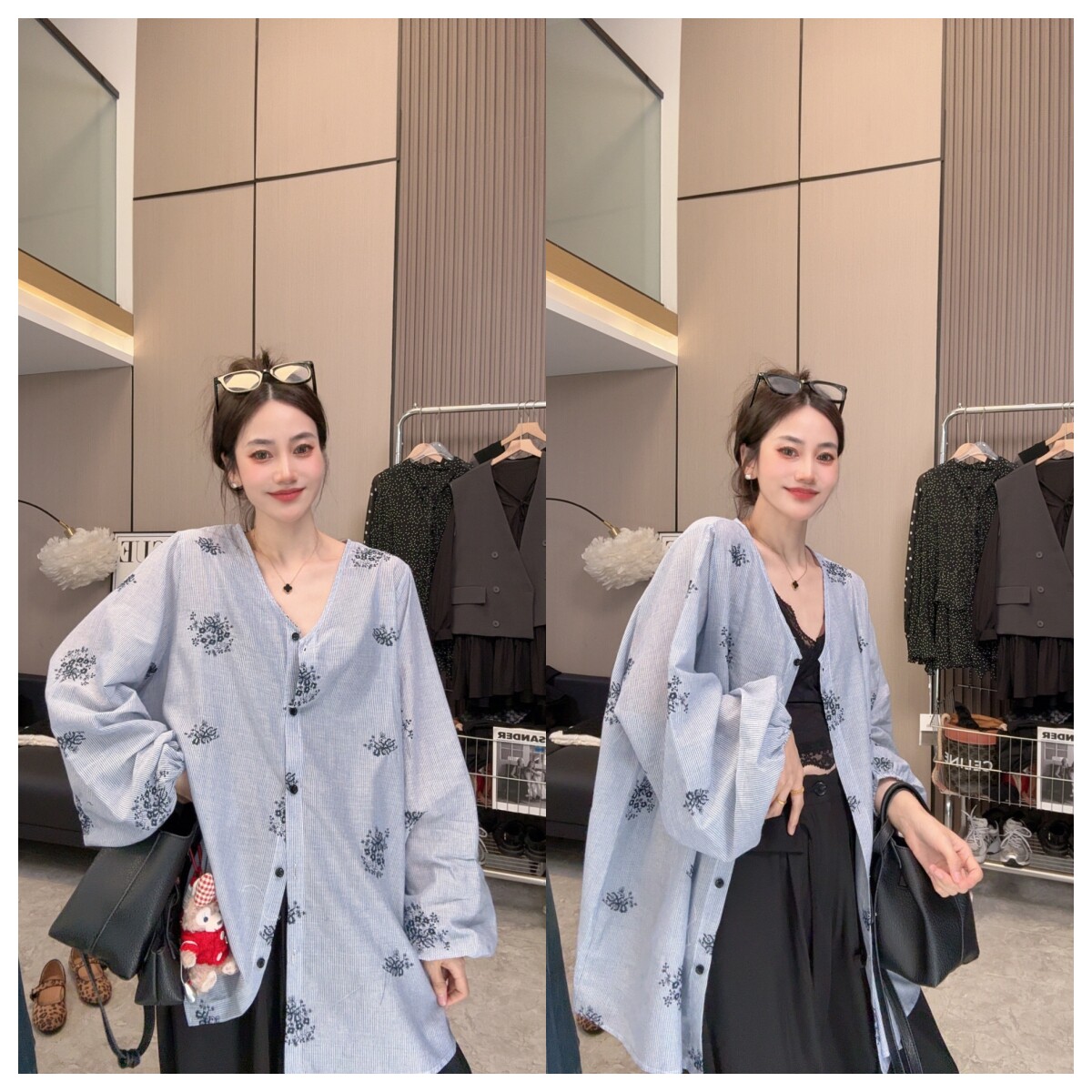 【闪亮登场】刺绣花花~V领正肩通勤风时尚简约休闲宽松长袖衬衫