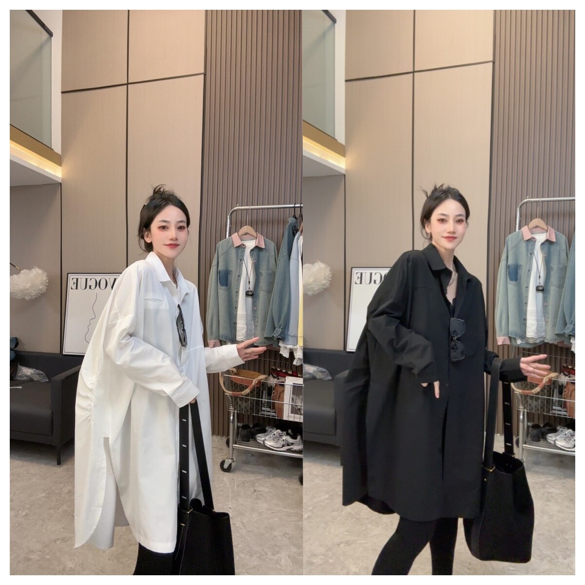 【拽姐风范】简约宽松长袖百搭长袖中长款衬衫连衣裙