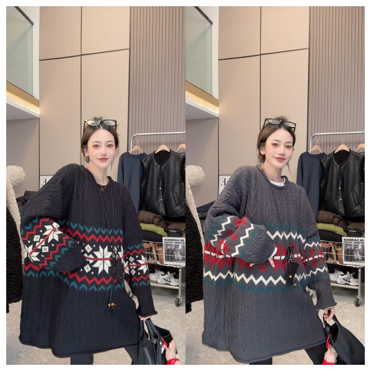 【经典过冬】秋冬穿搭~洋气显瘦侧开叉圆领针织中长款长袖毛衣