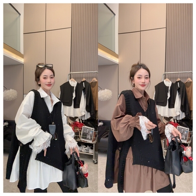 【更胜一筹】亮闪闪重工不规则v领套头叠穿保暖无袖针织马甲