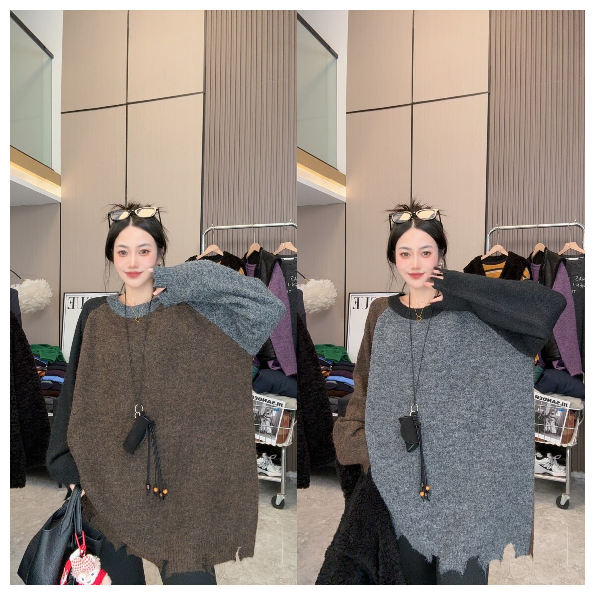 【冬季恋人】复古穿搭~撞色破洞做旧宽松显瘦慵懒风圆领长袖毛衣