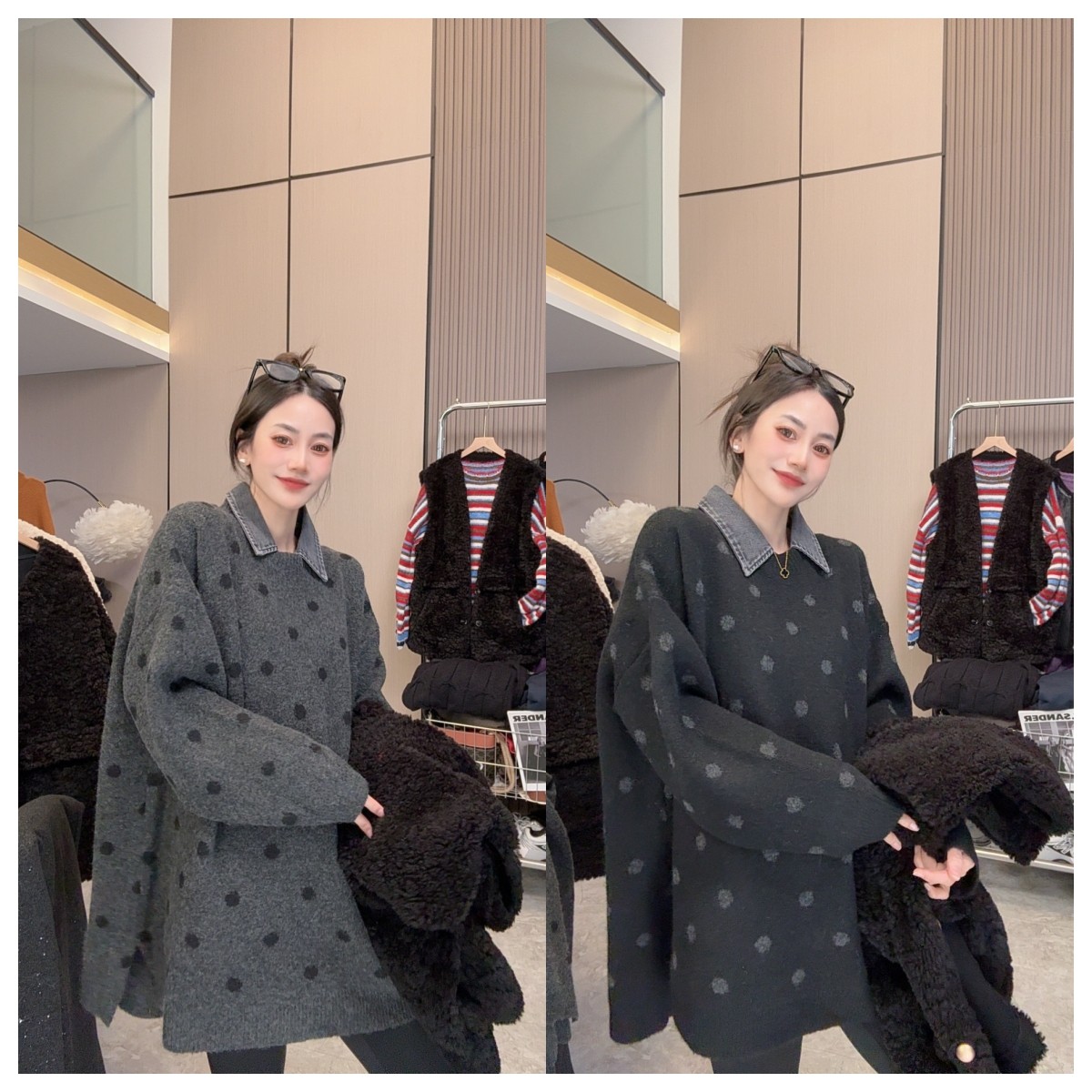 【自带艺术感】慵懒随性~牛仔领口复古腔调波点毛衣长袖上衣