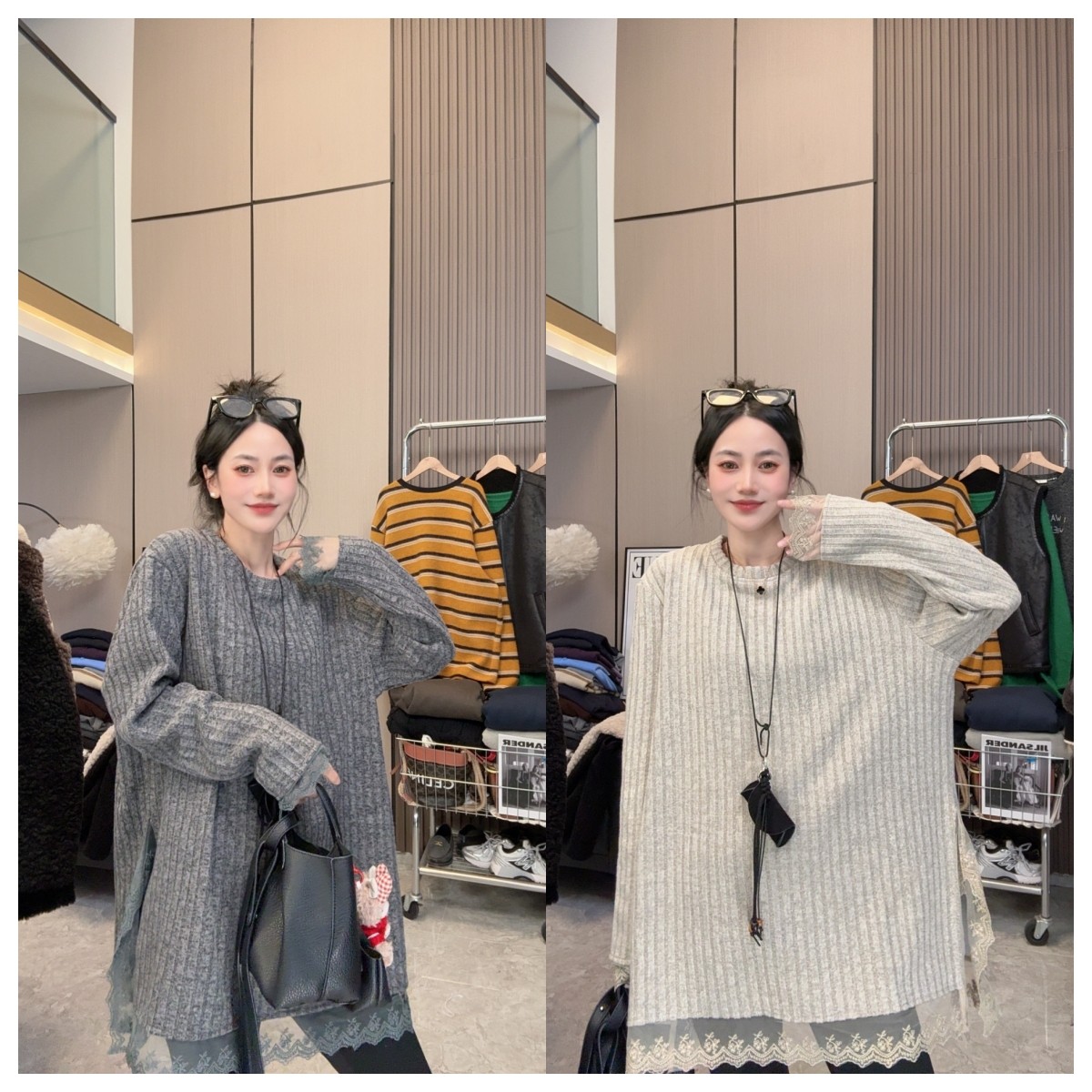 【黑巧蕾丝】软糯糯~加绒秋冬简约坑条宽松中长款圆领长袖上衣