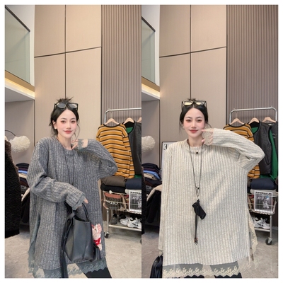 【黑巧蕾丝】软糯糯~加绒秋冬简约坑条宽松中长款圆领长袖上衣