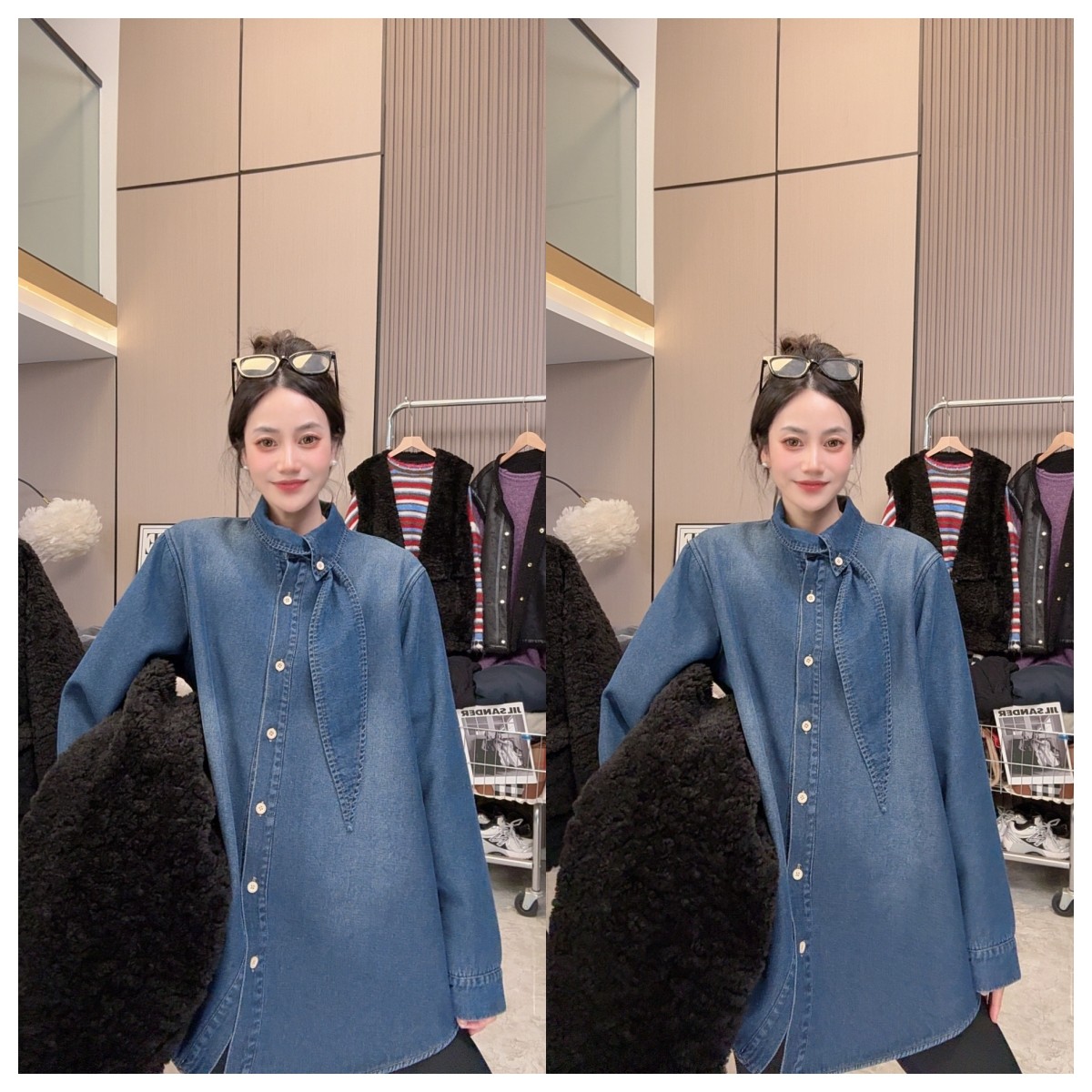 【大约在冬季】加绒设计款~休闲简约领带宽松显瘦中长款牛仔衬衫