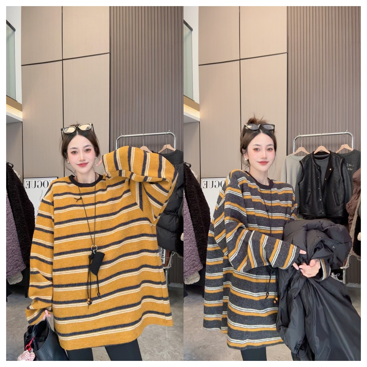 【画报女主】秋冬上新~加厚撞色条纹时尚休闲简约中长款打底上衣