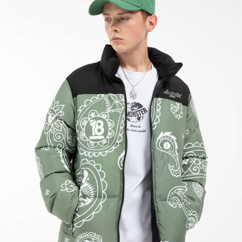 阿苗正品 AMONSTER 恐龙腰果花拼接撞色羽绒服棉服 情侣保暖外套