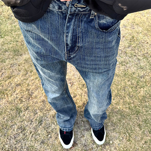 巴黎神裤复古蓝色竹节纹牛仔裤男直筒cleanfit裤子美式高街微喇裤