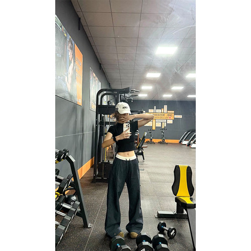 hope88假两件格子裤男女夏季薄款oversize裤子直筒垂感抽绳休闲裤