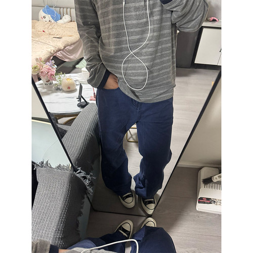07qwer法工蓝牛仔裤男直筒cleanfit高级感裤子美式纯棉微喇工装裤