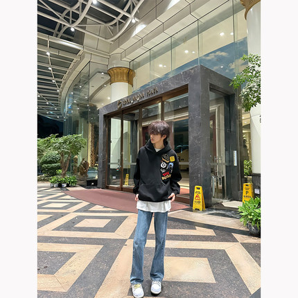 Fock美式徽章字母刺绣卫衣男女春秋季小众设计感外套高街情侣帽衫