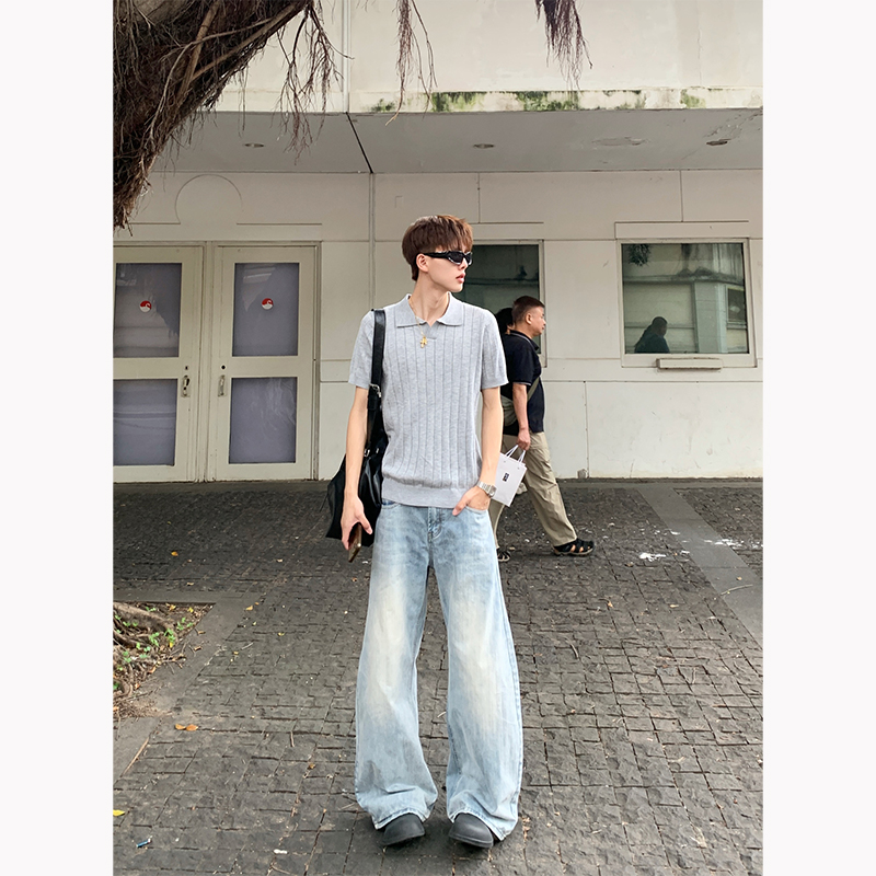 INTENT坑条纹针织短袖男夏季cleanfit衬衫领t恤高级感痞帅半截袖