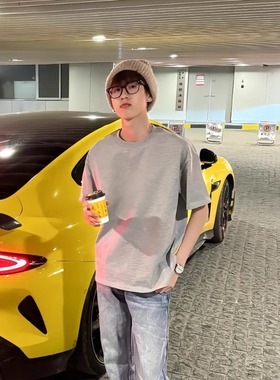 Pansk灰色正肩短袖男款夏季cleanfit小领口t恤重磅纯棉净版半截袖