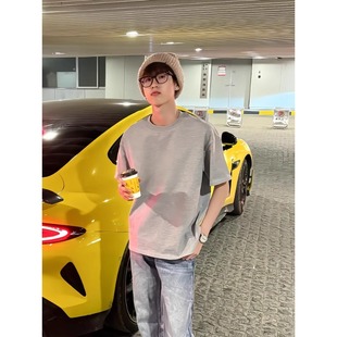 Pansk灰色正肩短袖男款夏季cleanfit小领口t恤重磅纯棉净版半截袖