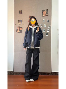 FOYGOB藏青色飞行夹克男款秋冬季美式短款bomber外套设计感棒球服