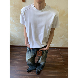 白色boxy版型拼接t恤男夏季cleanfit小领口倒三角短袖设计感半袖