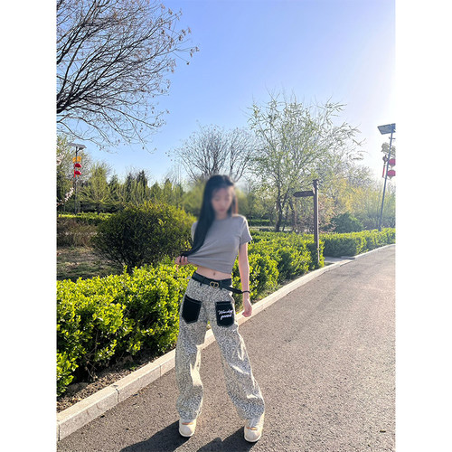 Dhss反穿豹纹牛仔裤男直筒宽松美式复古vibe风裤子高街痞帅微喇裤