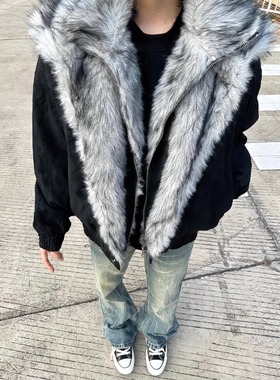 WTHP座山雕双层毛领棉服男加厚冬季美式短款棉衣高级感痞帅防寒服