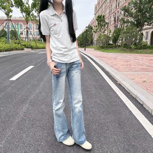 浅蓝色闪电纹牛仔裤女款直筒夏天巨好看的裤子显瘦cleanfit微喇裤