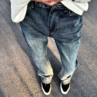 水洗复古蓝竹节纹牛仔裤男直筒修身美式vibe风裤子高街窄版微喇裤