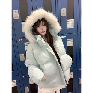 月光蓝可拆卸毛领棉服女小个子慵懒风晋江棉衣加厚冬季情侣面包服