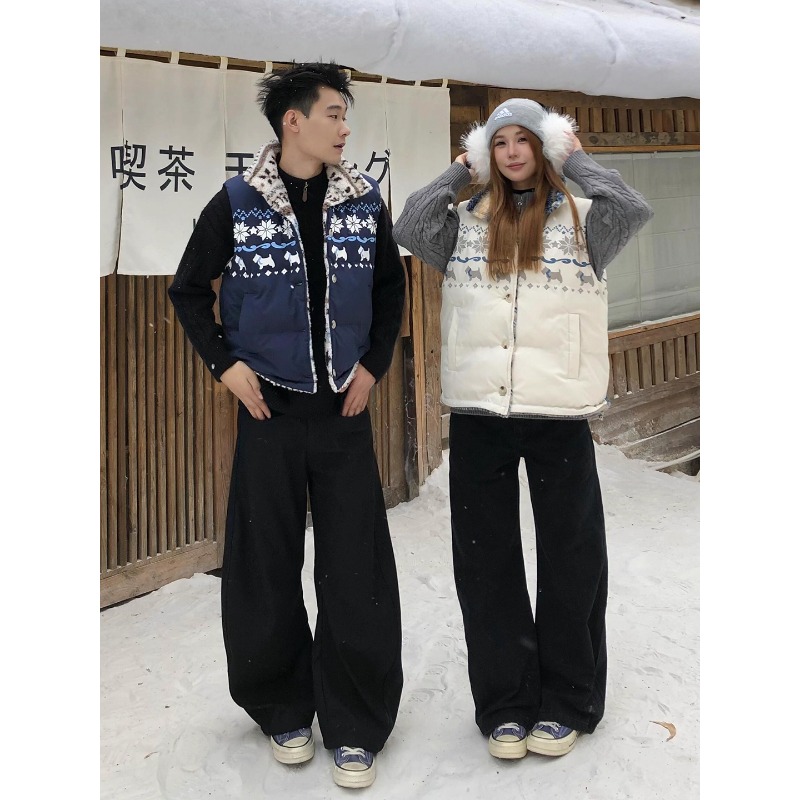 双面穿费尔岛羊羔毛马甲男加厚立领摇粒绒保暖背心设计感情侣马夹