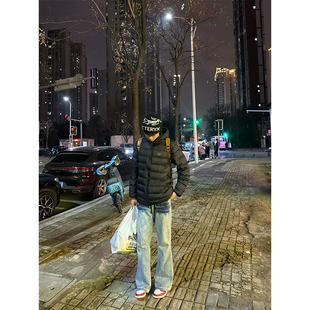 竹叶浅蓝色闪电纹牛仔裤男直筒cleanfit裤子美式高街痞帅微喇叭裤