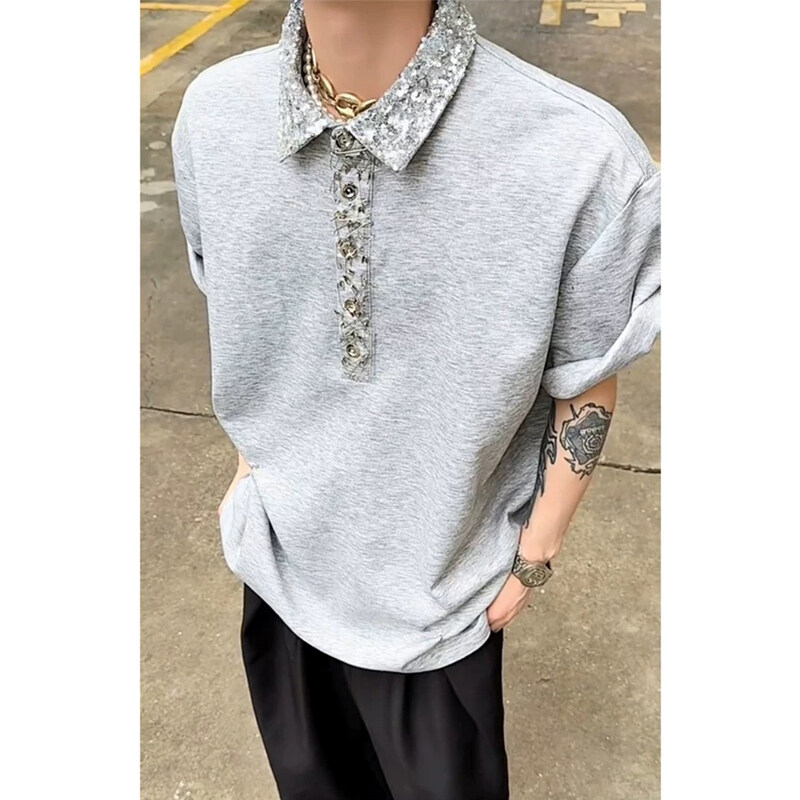 小众重工亮片方领polo衫短袖