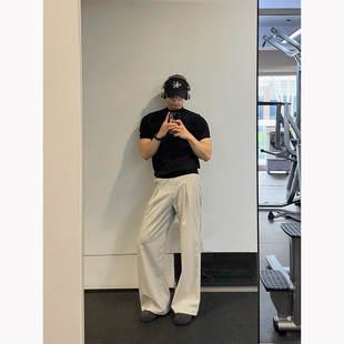 Cofd黑色针织短袖男夏季透气小领口冰丝t恤高级感运动健身半截袖