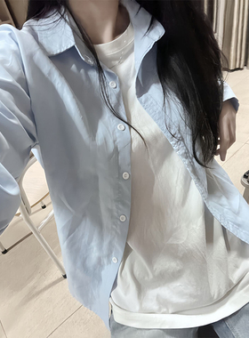 奶蓝色全棉衬衫男女款夏季薄款慵懒风宽松衬衣oversize高级感寸衫
