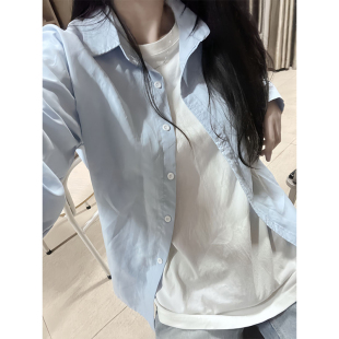 奶蓝色全棉衬衫男女款夏季薄款慵懒风宽松衬衣oversize高级感寸衫