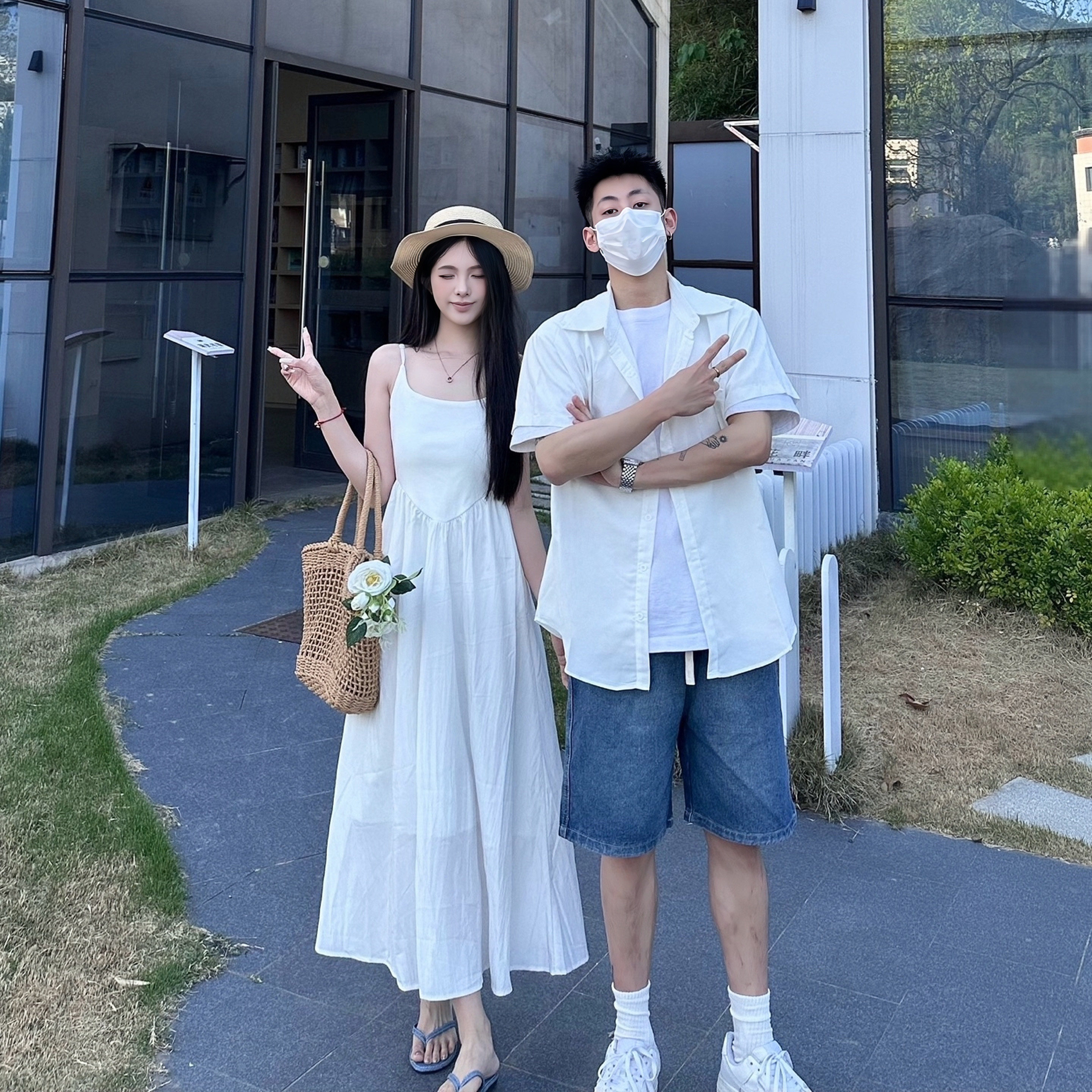 小众设计感情侣装夏季韩版短袖衬衫男女连衣裙法式一裙一衣ins潮