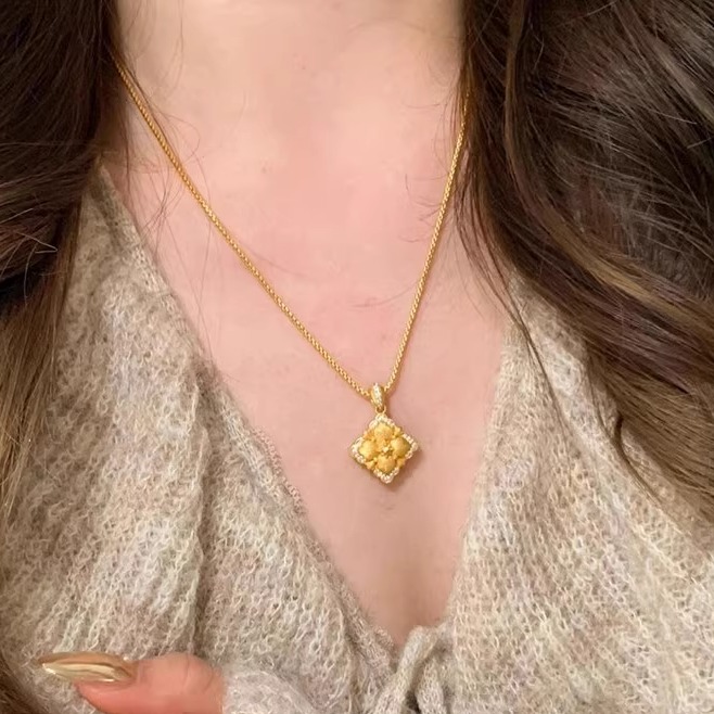 中古金色拉丝四叶草吊坠项链女轻奢宫廷风颈链小众个性设计戒指